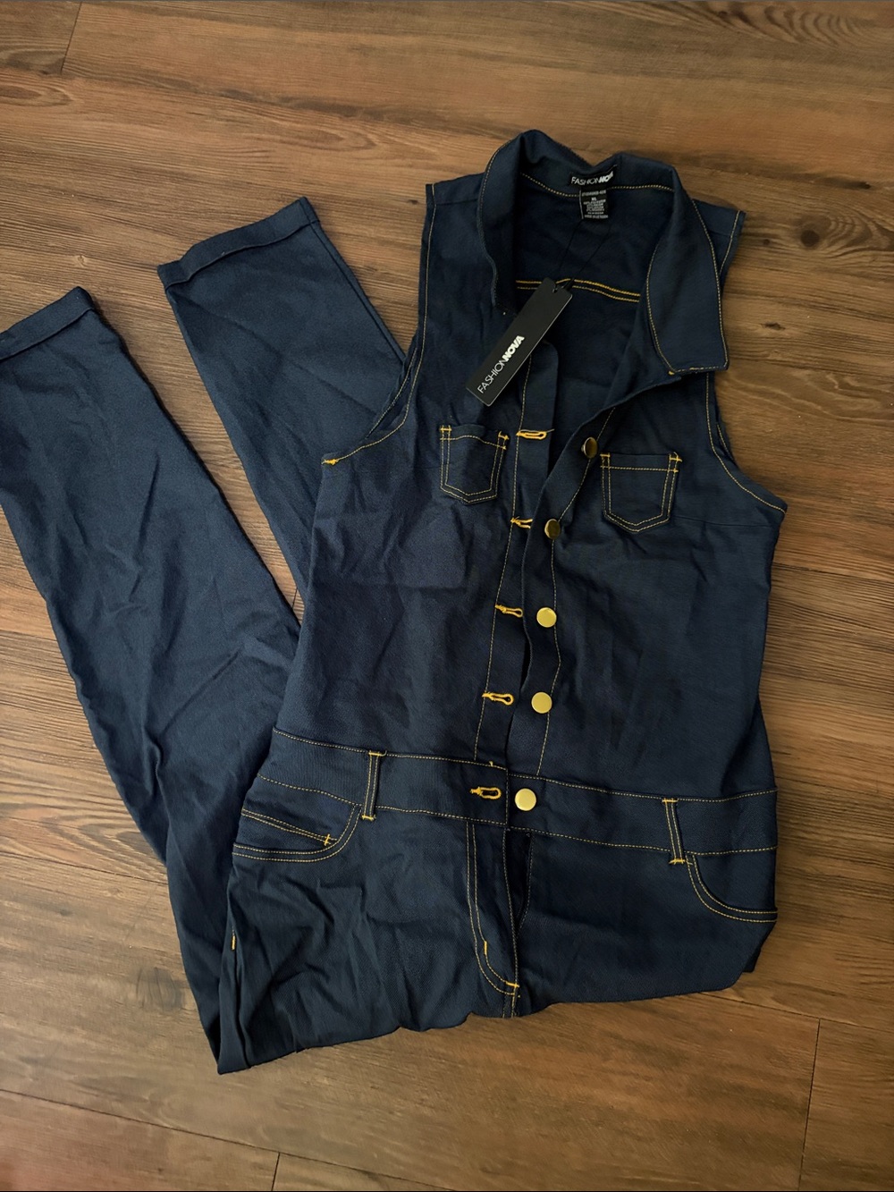 Fashion Nova Dark Blue Denim Overalls with Gold Buttons,XL!NWT